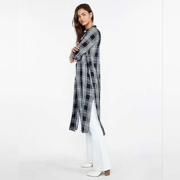 Express Navy and White Plaid Duster Shirt - Picture 4 of 5